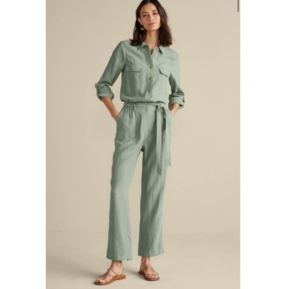 Soft Surroundings Kerry Utility Jumpsuit 10P Green Linen Blend Belted Safari